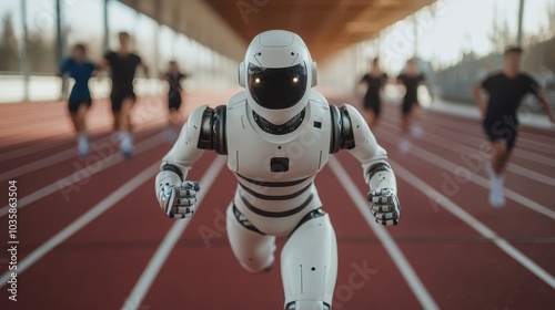 Humanoid robot sprinting on athletic track against human runners