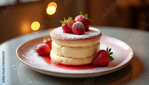  Stack of strawberry pancakes with powdered sugar on a plate