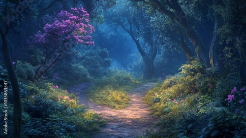 A dirt path winds through a mystical forest at dawn, bathed in soft light, with blooming flowers lining the way.