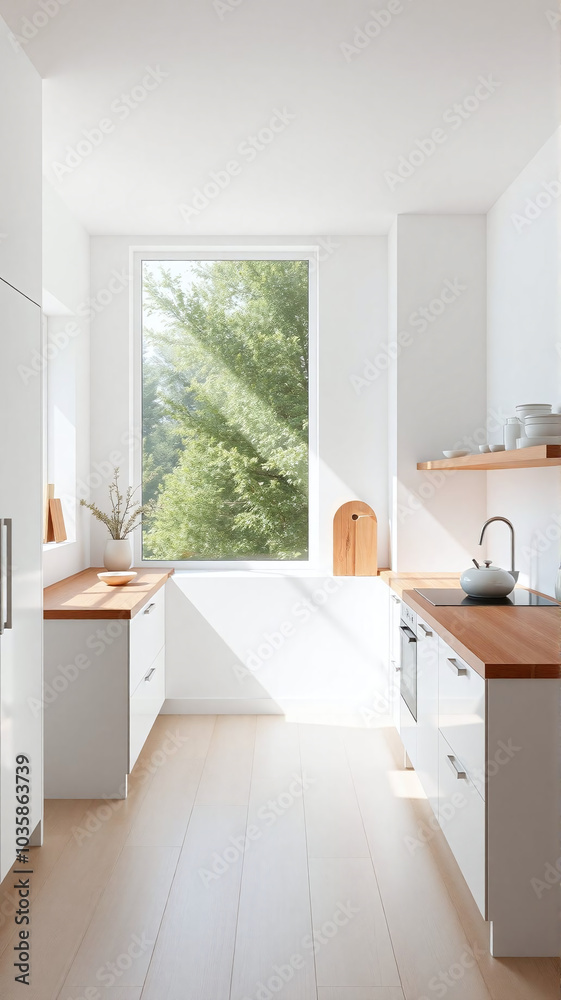 Bright and modern kitchen bathed in natural light with wooden accents Bright and modern kitchen bathed in natural light with wooden accents