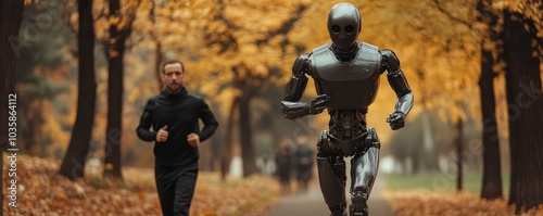 Humanoid robot jogging alongside human in park