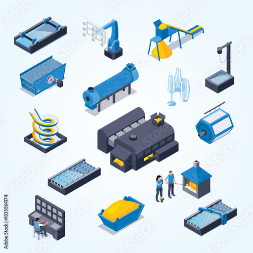 Glass production isometric color set of equipment for fine cleaning sand filtration and washing wacuum lift isolated vector illustration