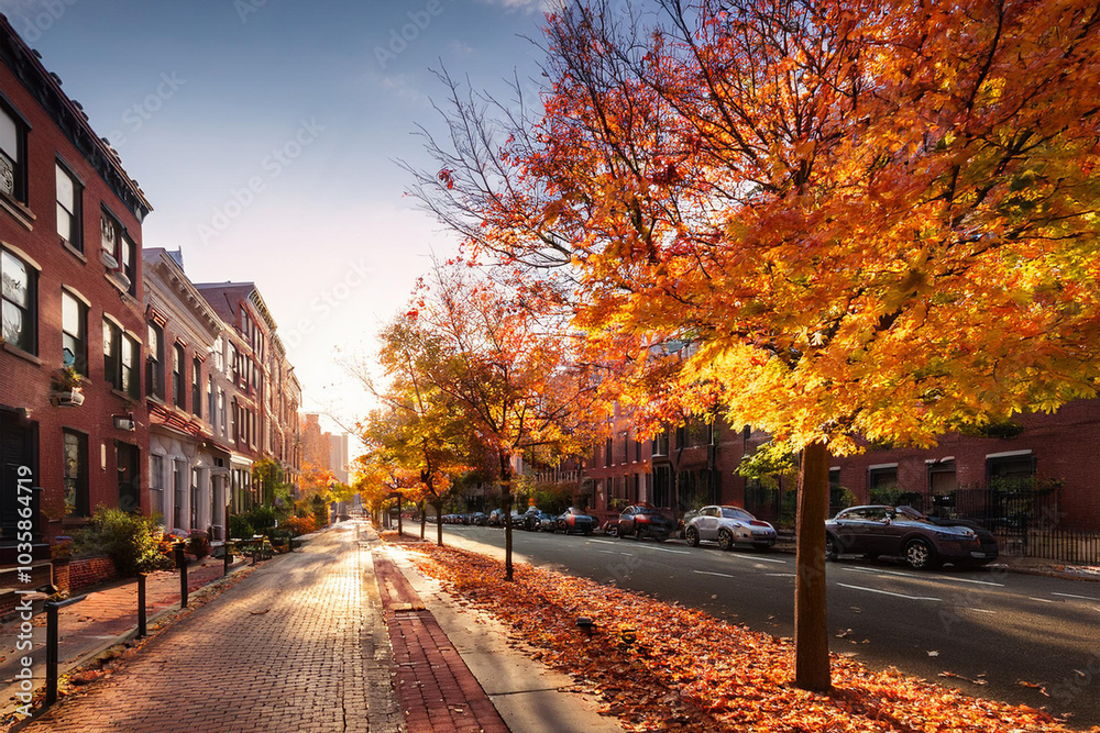 Naklejka premium Colorful Fall Leaves Line the Streets in a Vibrant City During Autumn Sunset