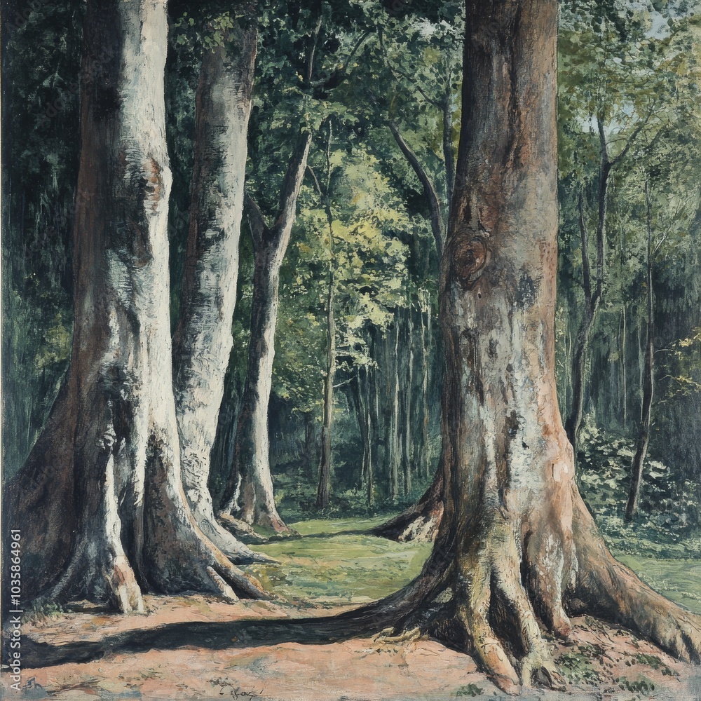 Obraz premium A painting of a forest scene with tall trees, green foliage, and a clearing in the center.