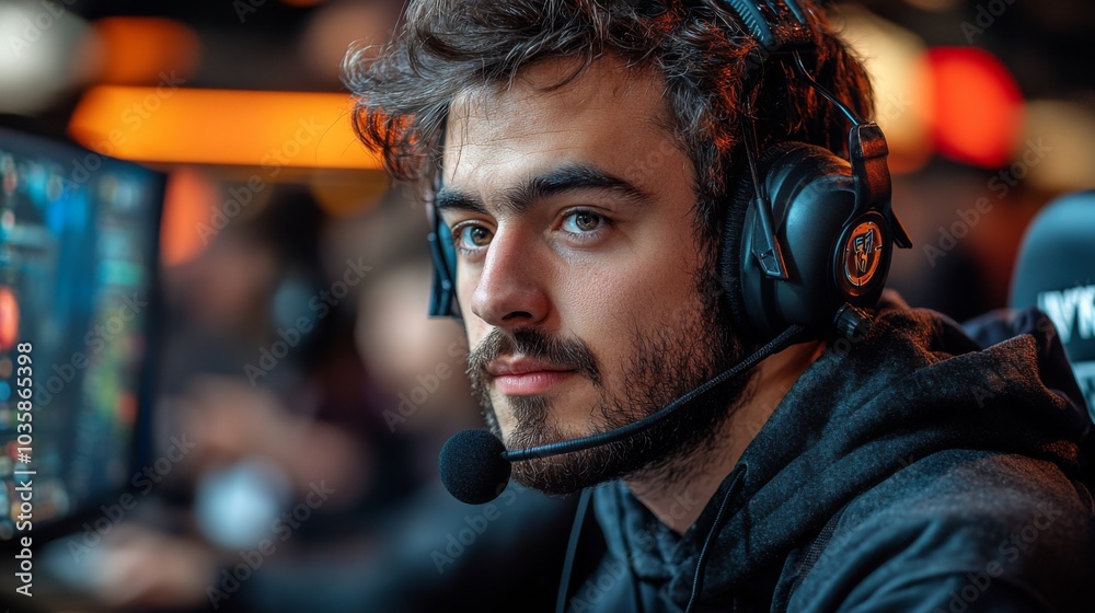 In a bustling eSports arena, a young man wearing headphones displays intense concentration while competing in a high-stakes gaming match. His determination is palpable. In a bustling eSports arena, a young man wearing headphones displays intense concentration while competing in a high-stakes gaming match. His determination is palpable.