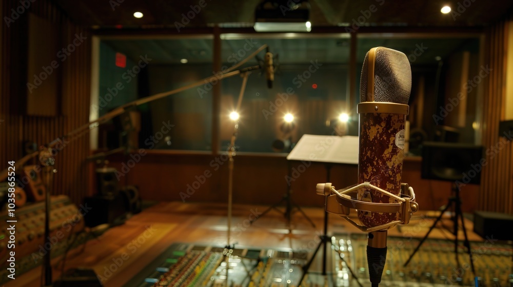 Close-up of microphone on stand in soundproof recording studio, positioned in front of script stand, symbolizing voice acting and audio production. Close-up of microphone on stand in soundproof recording studio, positioned in front of script stand, symbolizing voice acting and audio production.