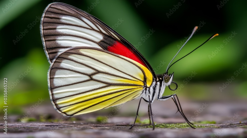 A white and yellow butterfly with red markings on its wings sits on a green mossy surface. A white and yellow butterfly with red markings on its wings sits on a green mossy surface.