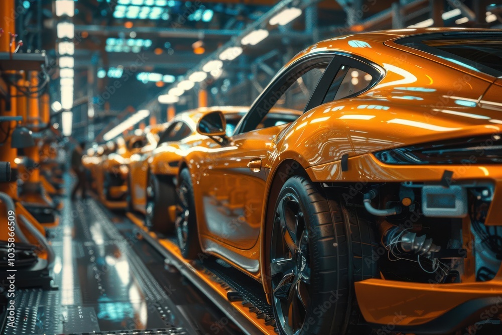 Obraz premium Orange sports cars in a modern assembly line, vibrant and dynamic environment.