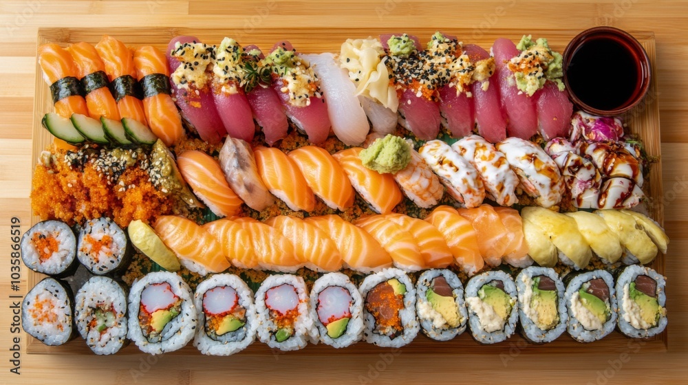 Colorful Selection of Fresh Sushi and Rolls on a Platter Colorful Selection of Fresh Sushi and Rolls on a Platter