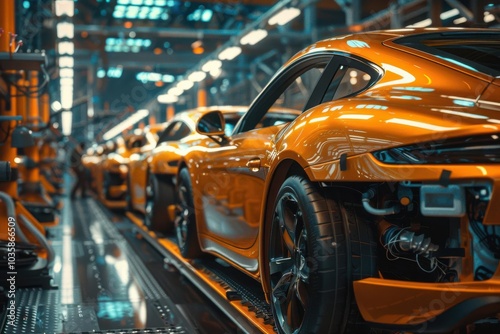 Orange sports cars in a modern assembly line, vibrant and dynamic environment.