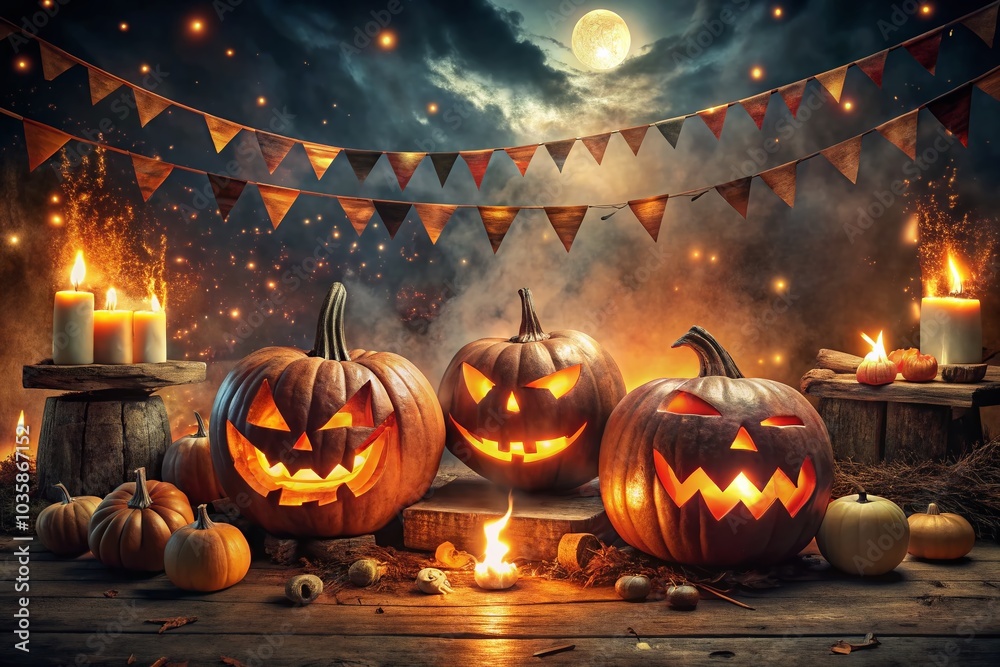 Fototapeta premium Vintage Halloween Night with Spooky Pumpkins and Dark Atmosphere for Party Invitations
