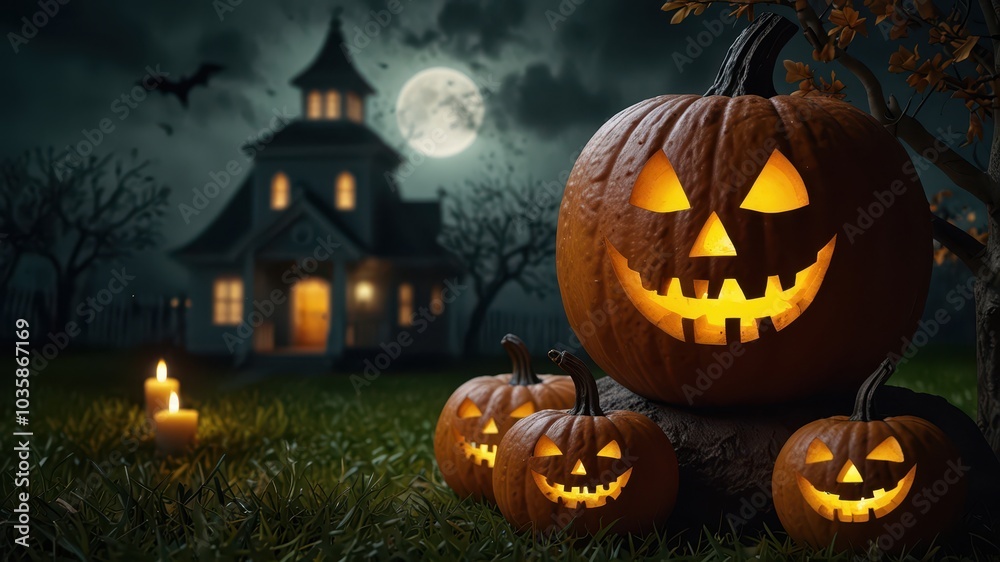 halloween pumpkin with bats and moon halloween pumpkin with bats and moon