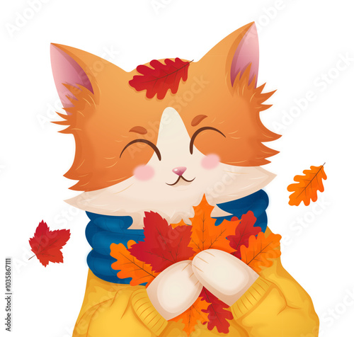 Vector cute cartoon cat character with autumn leaves on transparent background sticker design