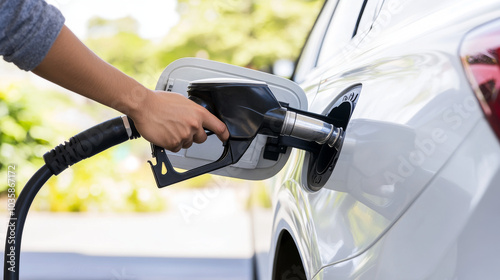 Close-up of a person refueling a car using a gas pump nozzle, with a focus on the fuel tank and vehicle in a sunny outdoor setting.
