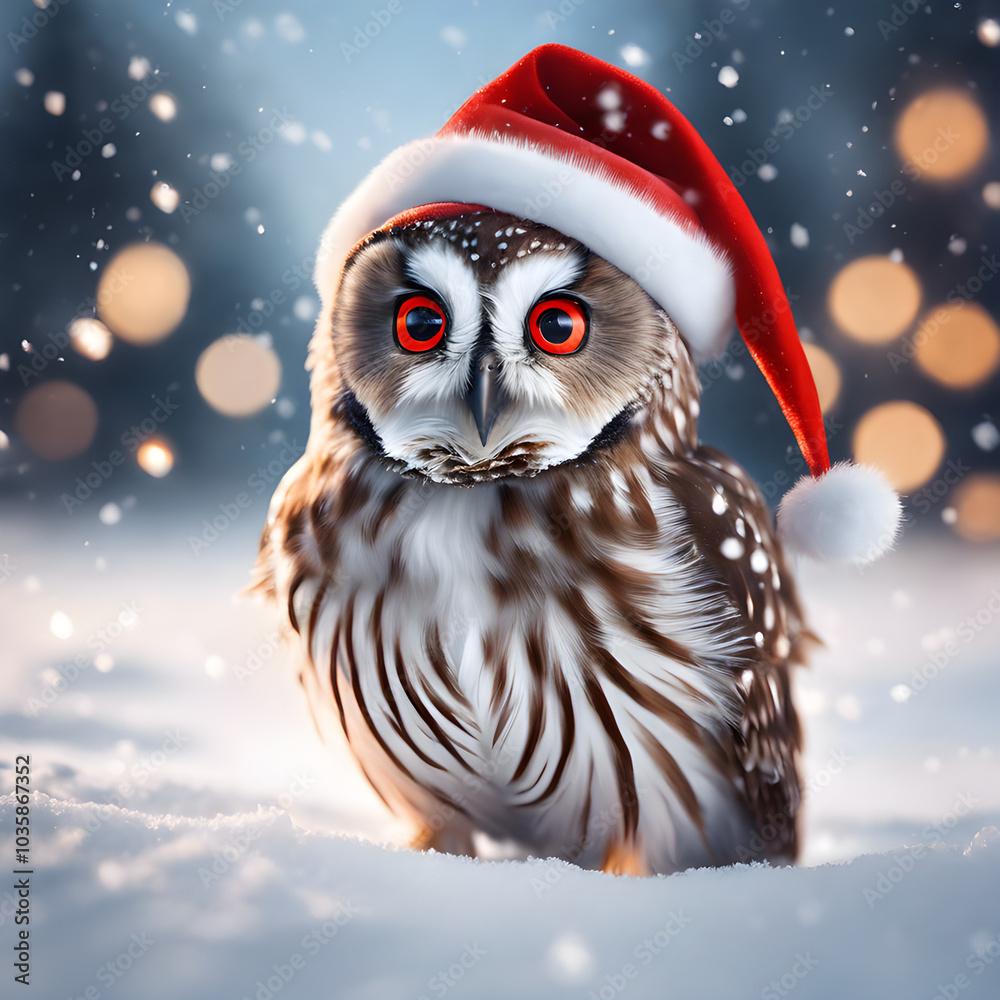 A small Christmas owl stands on a snowy ground, wearing a red Santa hat, with a close-up of his face and big, sparkling eyes. A small Christmas owl stands on a snowy ground, wearing a red Santa hat, with a close-up of his face and big, sparkling eyes.