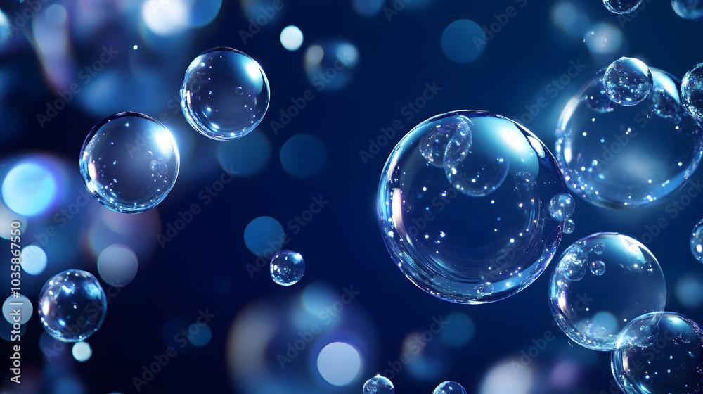 Luminous Air Bubbles on Dark Blue, vibrant, shiny spheres of varying sizes floating gracefully, creating a mesmerizing underwater effect Luminous Air Bubbles on Dark Blue, vibrant, shiny spheres of varying sizes floating gracefully, creating a mesmerizing underwater effect
