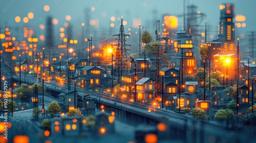 A miniature city at night with glowing streetlights and buildings. A miniature city at night with glowing streetlights and buildings.