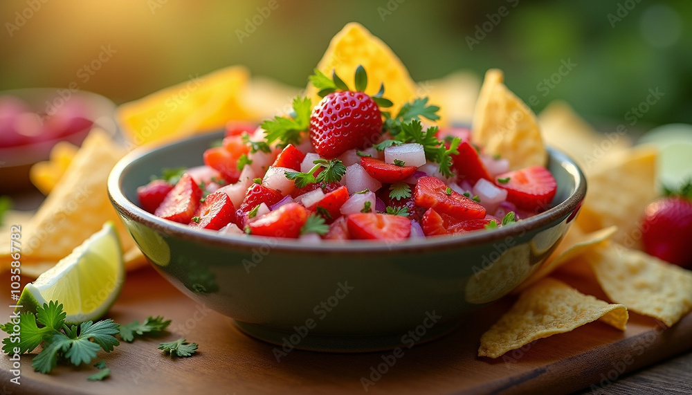 Fresh strawberry salsa in a bowl with lemon wedges Fresh strawberry salsa in a bowl with lemon wedges