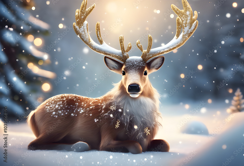 A small Christmas reindeer stands on a snowy ground, wearing a red sash and small bells, with a smiling face and sparkling eyes. A small Christmas reindeer stands on a snowy ground, wearing a red sash and small bells, with a smiling face and sparkling eyes.