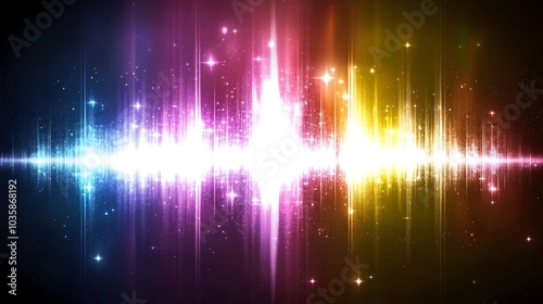 Abstract colorful glowing sound wave with sparkling stars on dark background.