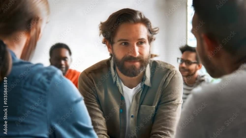 A man shares his story in a group therapy session, surrounded by companions. The group offers empathy, encouragement, and hope for overcoming depression through dialogue and interaction. A man shares his story in a group therapy session, surrounded by companions. The group offers empathy, encouragement, and hope for overcoming depression through dialogue and interaction.
