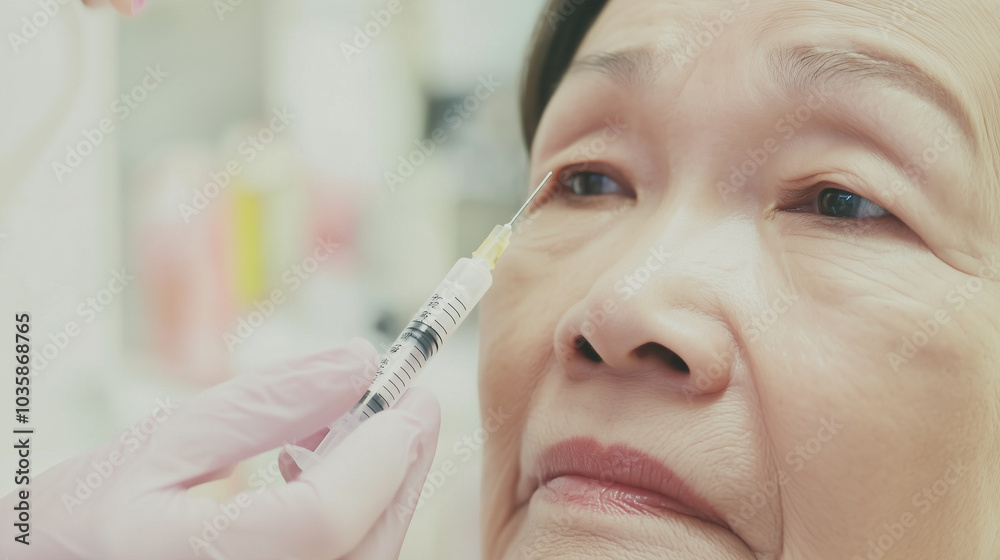Close-up of a mature korean woman receiving an under-eye filler injection from a medical professional, focusing on reducing wrinkles and skin rejuvenation. Close-up of a mature korean woman receiving an under-eye filler injection from a medical professional, focusing on reducing wrinkles and skin rejuvenation.