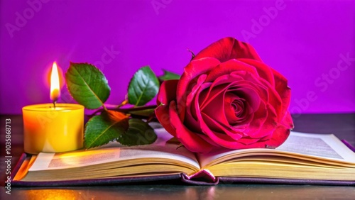 A single red rose and a lit candle rest on an open book against a purple background photo