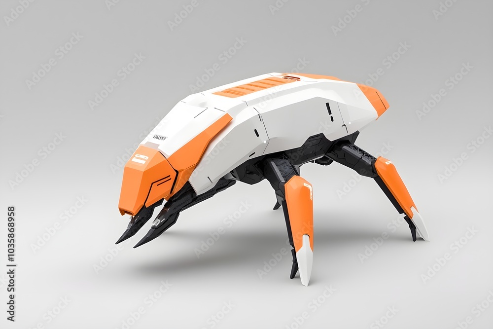 Futuristic robotic insect with an orange and white design, showcasing intricate details and mechanical features. Futuristic robotic insect with an orange and white design, showcasing intricate details and mechanical features.