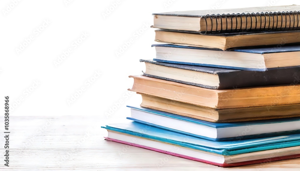 Stack of multi colored school books isolated on white background with copy space. Higher learning Education, teacher and student concept Stack of multi colored school books isolated on white background with copy space. Higher learning Education, teacher and student concept