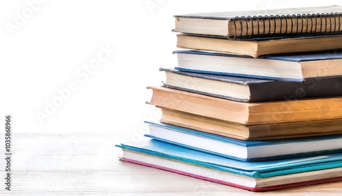 Stack of multi colored school books isolated on white background with copy space. Higher learning Education, teacher and student concept