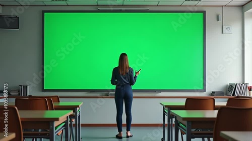 Woman Teaching in Empty Classroom in Front of Green Screen photo