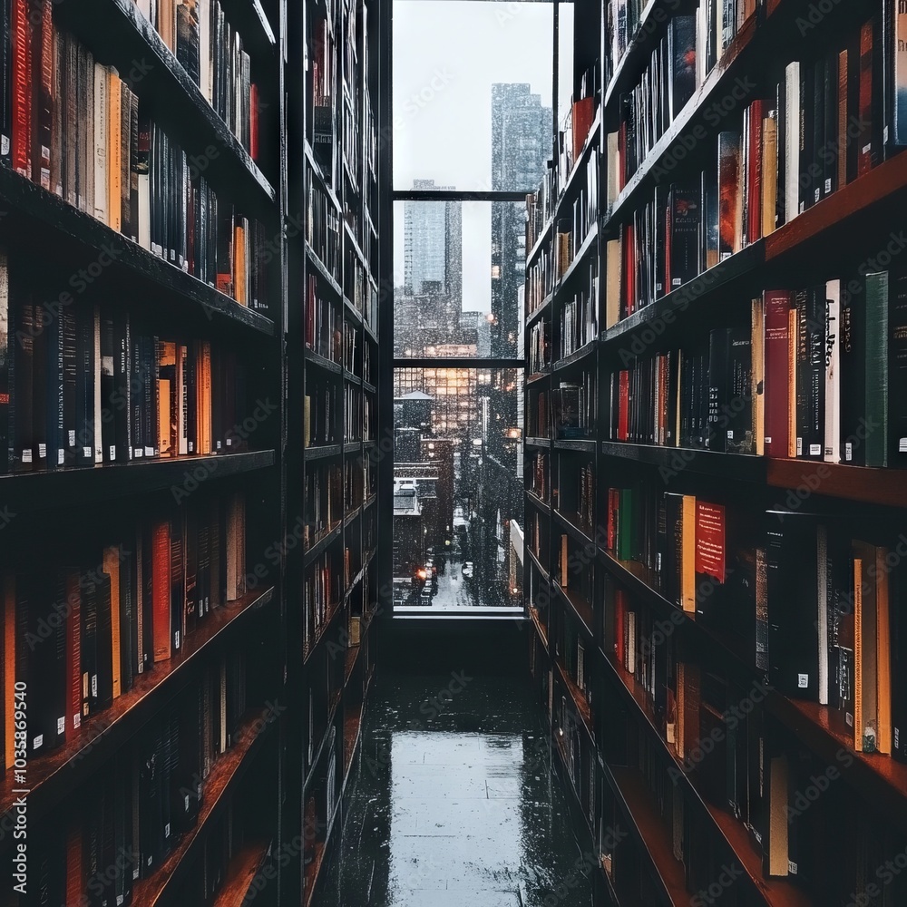 A narrow library aisle lined with books, overlooking a cityscape through windows. A narrow library aisle lined with books, overlooking a cityscape through windows.