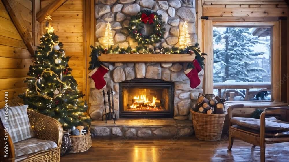 Cozy cabin living room interior with a rustic stone fireplace and Christmas tree, decorated with festive wreath and garlands. Seamless loop, HD video.