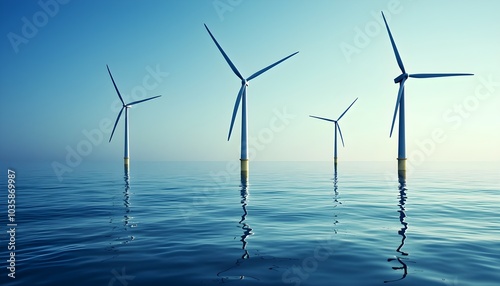 Wind turbines standing in calm water, reflecting the clear blue sky during daylight. photo