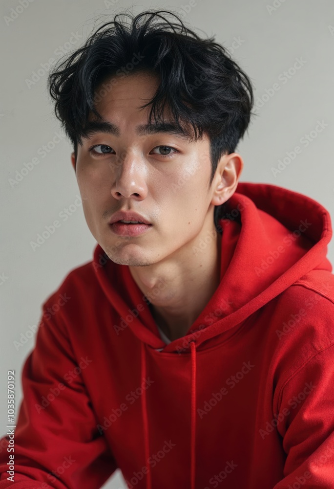 Fototapeta premium Young korean man in red hoodie posing against a light background 