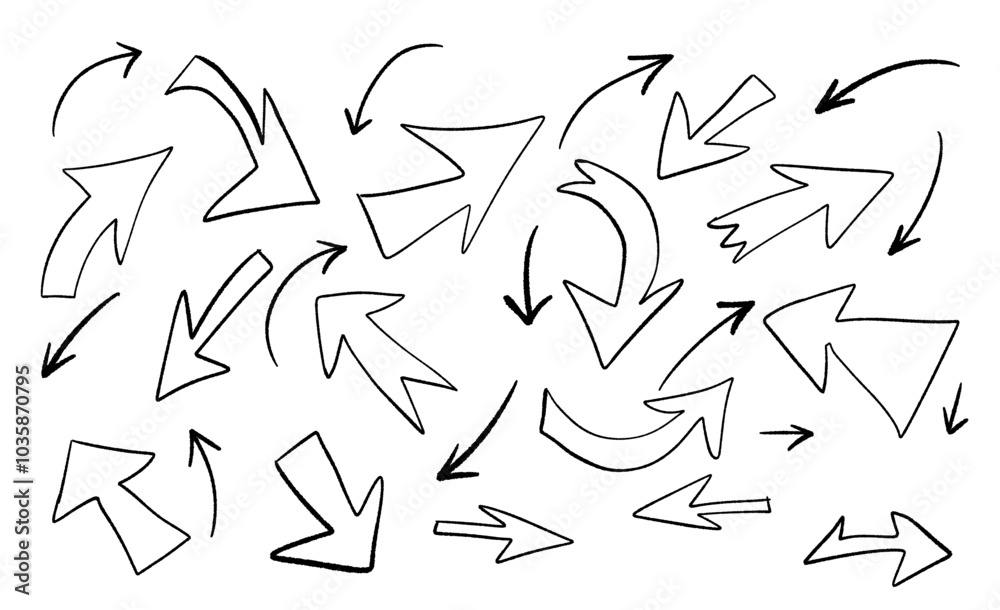 Hand drawn arrows in various sizes and styles, pointing in different directions. Ideal for creative and design projects. Hand drawn arrows in various sizes and styles, pointing in different directions. Ideal for creative and design projects.