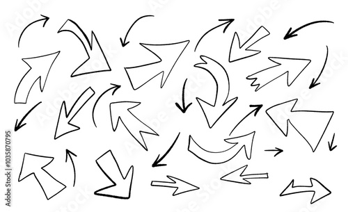 Hand drawn arrows in various sizes and styles, pointing in different directions. Ideal for creative and design projects.