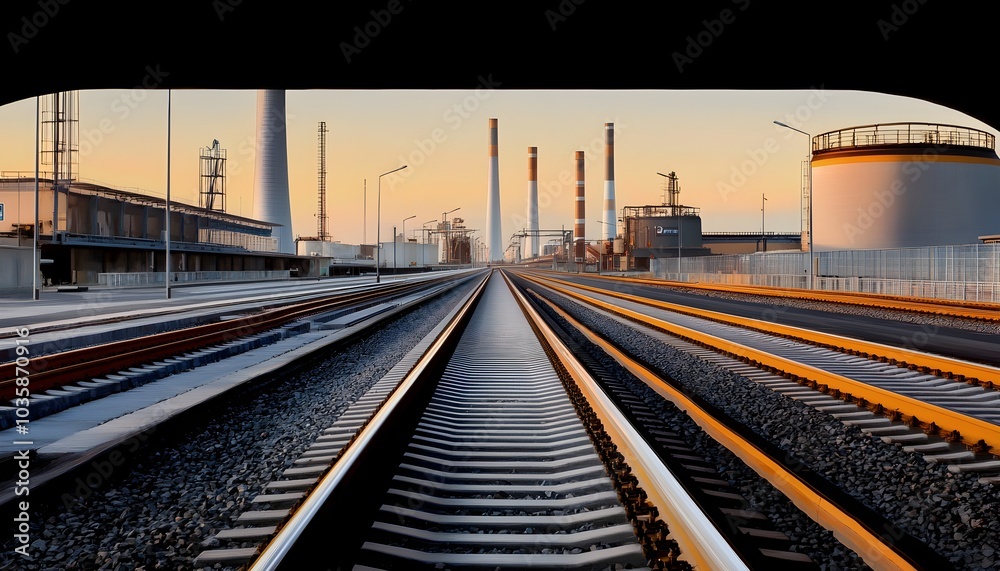 Fototapeta premium Industrial landscape with railway tracks leading towards factories at sunrise, showcasing lines and structures.