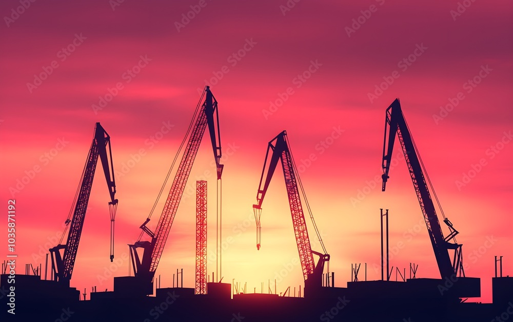 Silhouetted cranes against a stunning sunset sky, symbolizing construction and progress. Silhouetted cranes against a stunning sunset sky, symbolizing construction and progress.