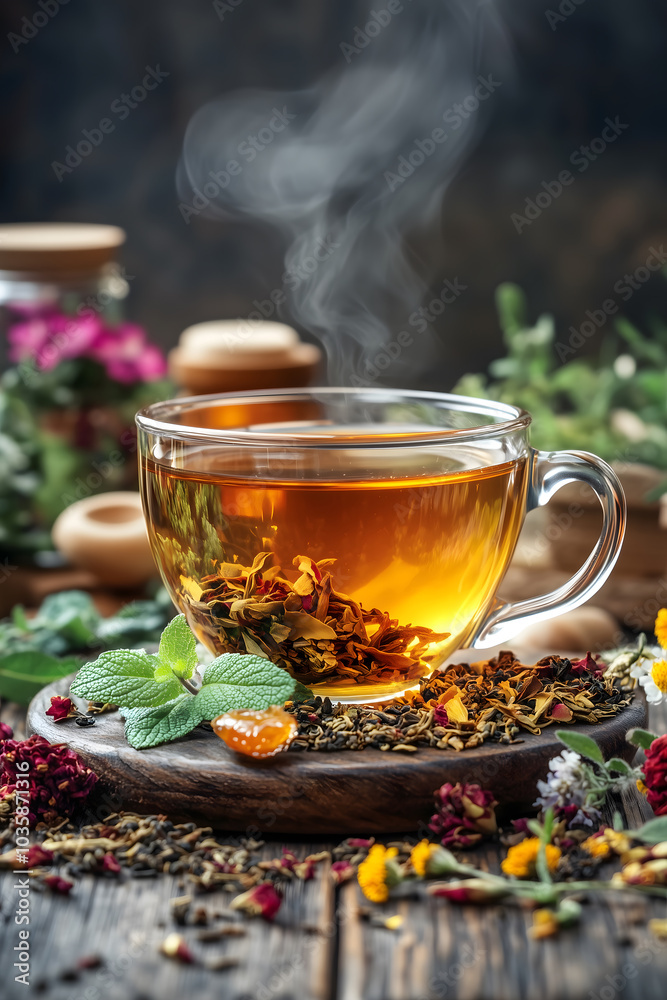 Steaming Cup of Tea with Assorted Dried Herbs, Flowers, and Honey on Rustic Wooden Table Steaming Cup of Tea with Assorted Dried Herbs, Flowers, and Honey on Rustic Wooden Table