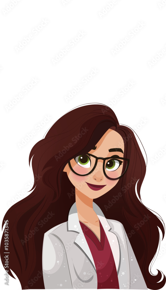 Girl nurse doctor with glasses. cartoon character pharmacist in medical clothes. girl medic with brown hair Girl nurse doctor with glasses. cartoon character pharmacist in medical clothes. girl medic with brown hair
