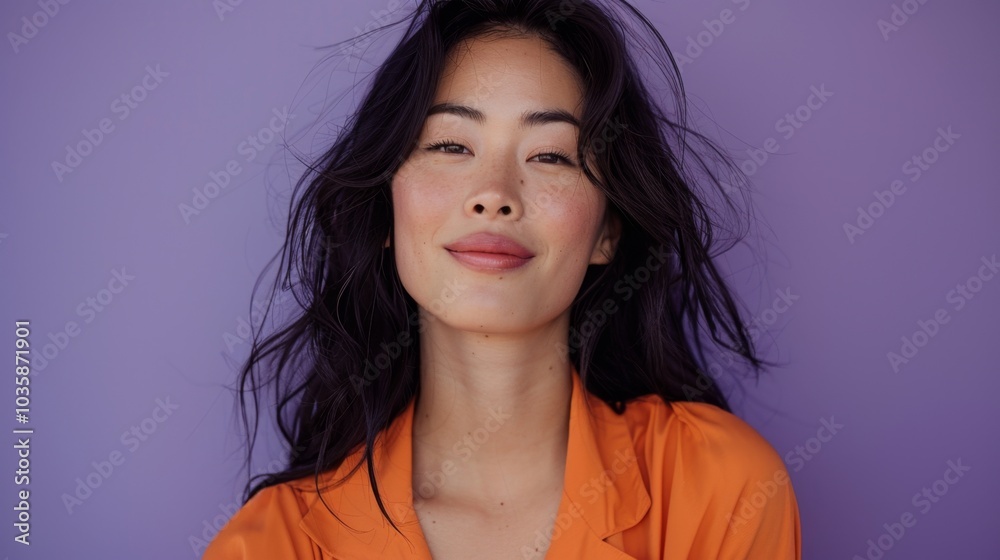 Captivating portrait of a joyful woman with flowing hair against a purple backdrop. Captivating portrait of a joyful woman with flowing hair against a purple backdrop.