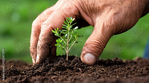 Close-up of a hand planting a small seedling in soil, symbolizing growth, environmental conservation, and sustainable agriculture. photo