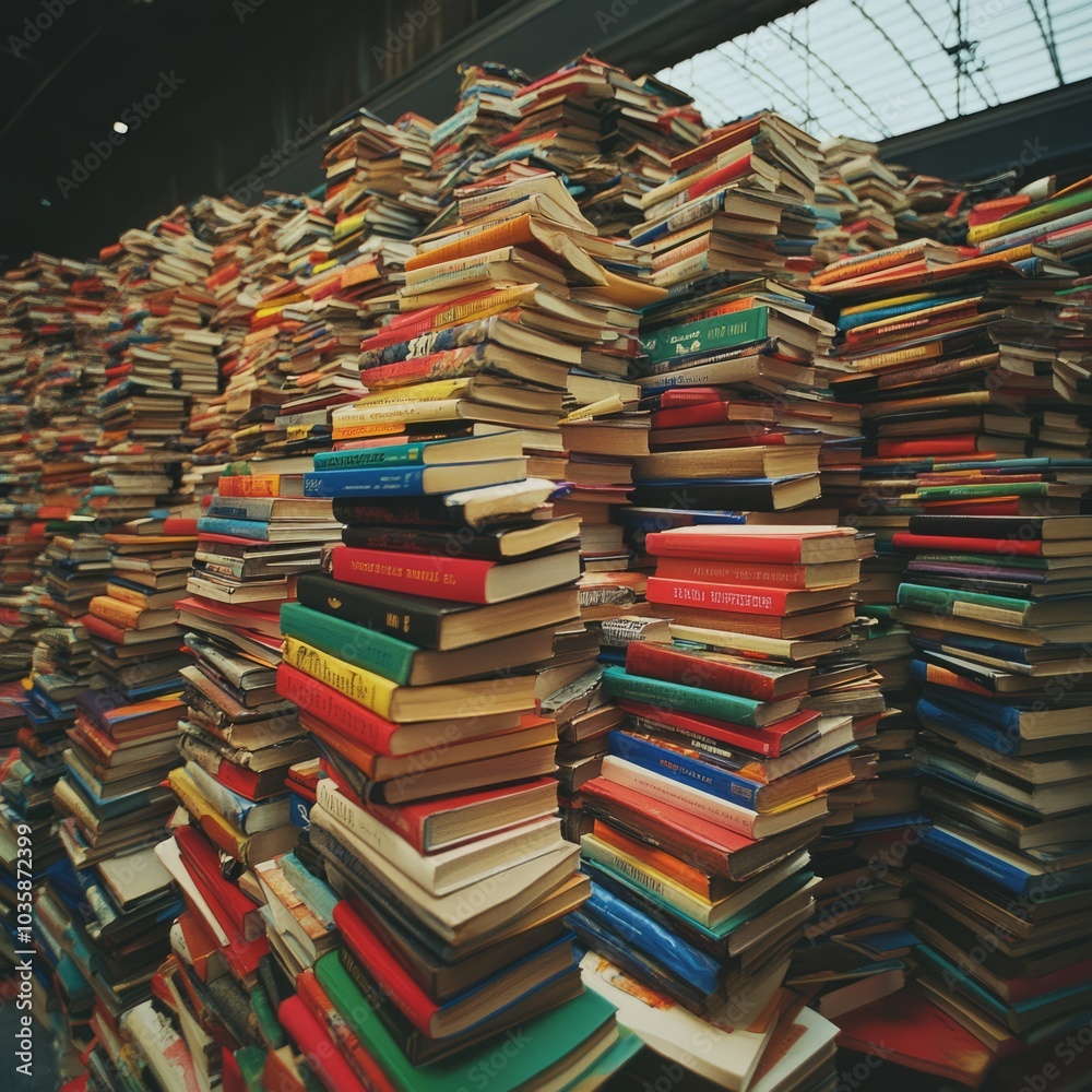 A towering stack of colorful books in a library setting.