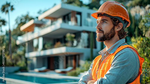 Construction engineer standing with his back and watches at a house building construction. Generative AI