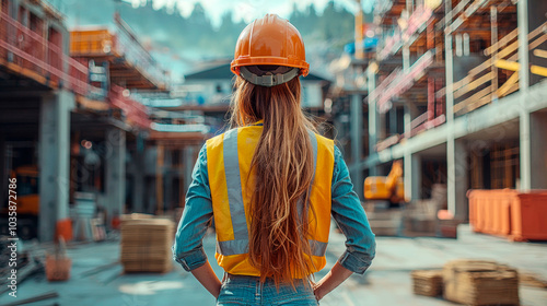 Woman construction engineer standing with his back and watches at a house building construction. Generative AI
