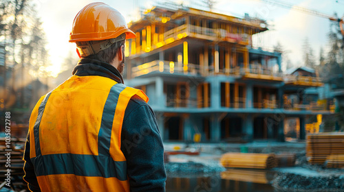 Construction engineer standing with his back and watches at a house building construction. Generative AI