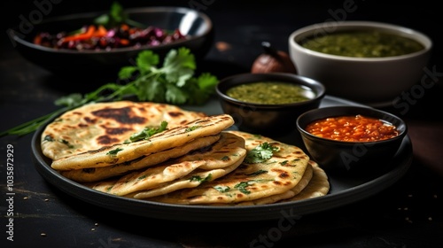 Indian Naan Bread with Spicy Sauces, Displaying Traditional Flavors and Rich Culinary Culture