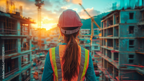 Woman construction engineer standing with his back and watches at a house building construction. Generative AI
