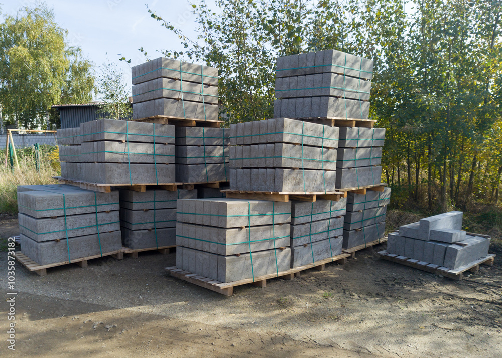 Concrete curbs stacked for sidewalk construction Concrete curbs stacked for sidewalk construction